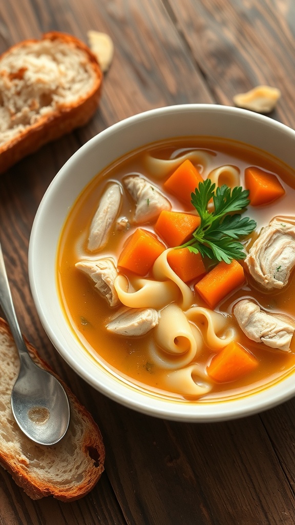 Classic Comforting Chicken Noodle Soup Recipe A bowl of homemade chicken noodle soup with chicken, carrots, and noodles, garnished with parsley on a wooden table.
